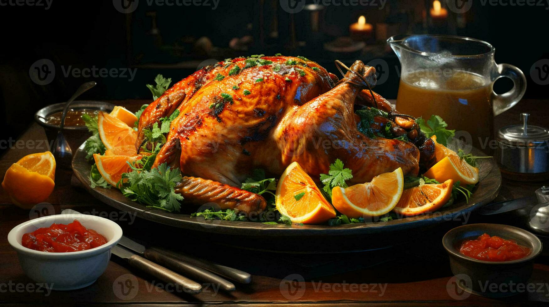 délicieux rôti vacances dinde cuit dans le four avec des oranges ou grillé poulet la volaille avec une parfumé croustillant croûte mensonges sur une assiette sur le table photo