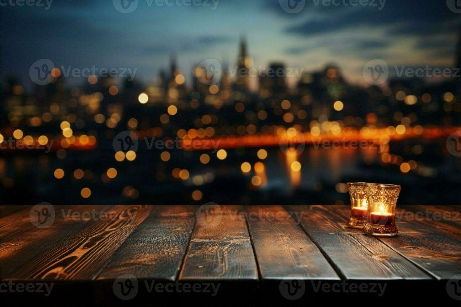 ville nuit rendez-vous en bois table parmi flou ciel et embrasé Urbain toile de fond ai généré photo