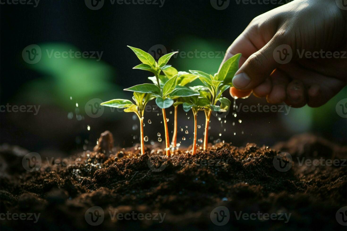 main verser noir sol sur vert bokeh Contexte plantation une petit plante sur une pile de sol ou verser sol pendant funéraire jardinage toile de fond pour La publicité ai généré photo