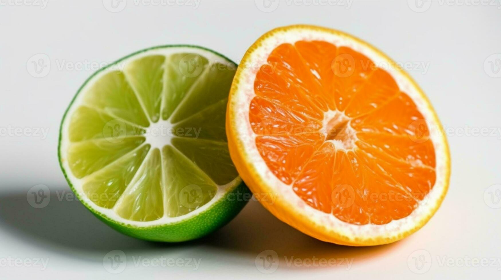 brillant citron vert et Orange tranches sur blanc ai généré photo