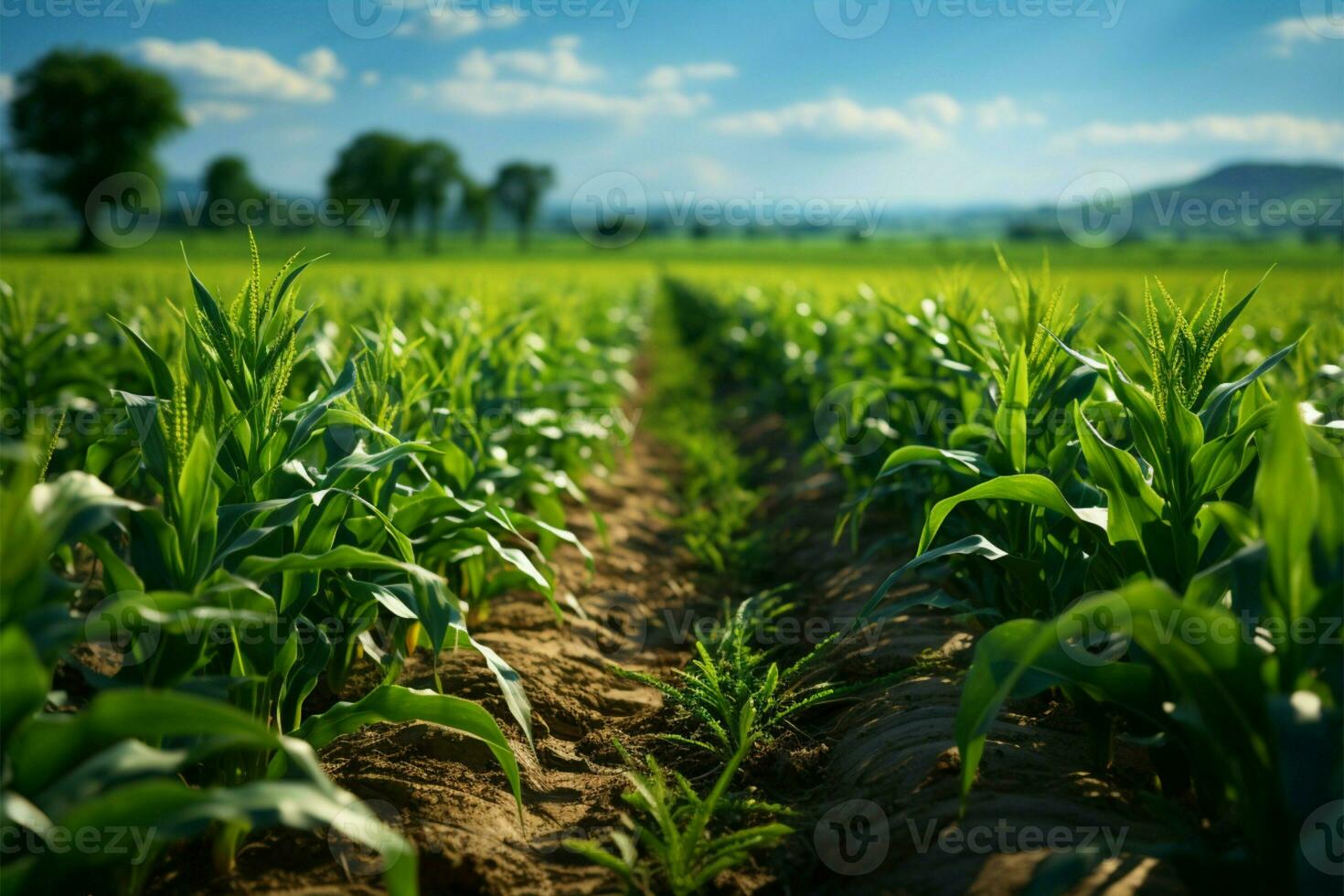 pousse blé lignes privé champ, luxuriant vert Lignes la grâce agricole paysage ai généré photo