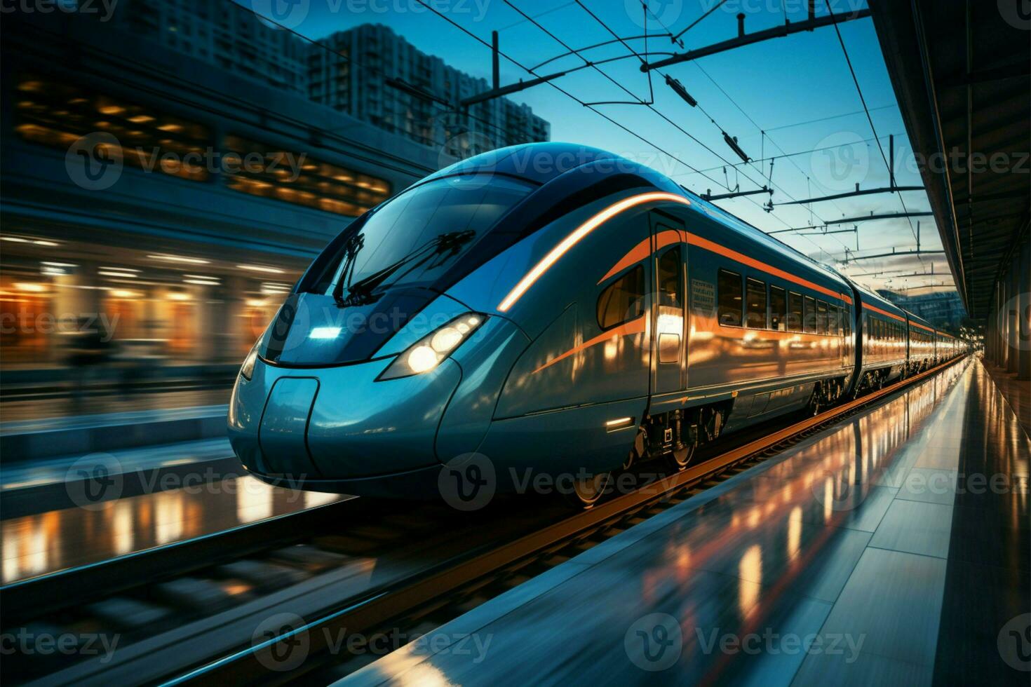 élégance dans mouvement haute la vitesse train stries passé gare, Contexte une dynamique brouiller ai généré photo