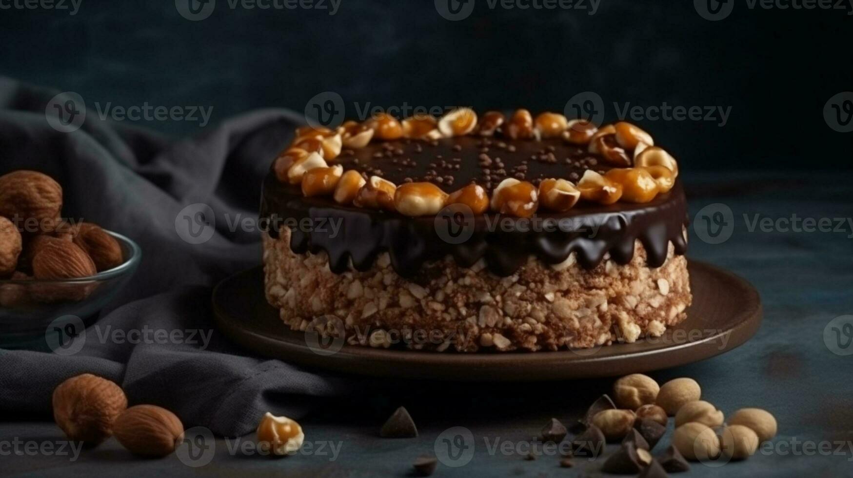 ester gâteau avec Chocolat Garniture et des noisettes sur gris Contexte ai généré photo