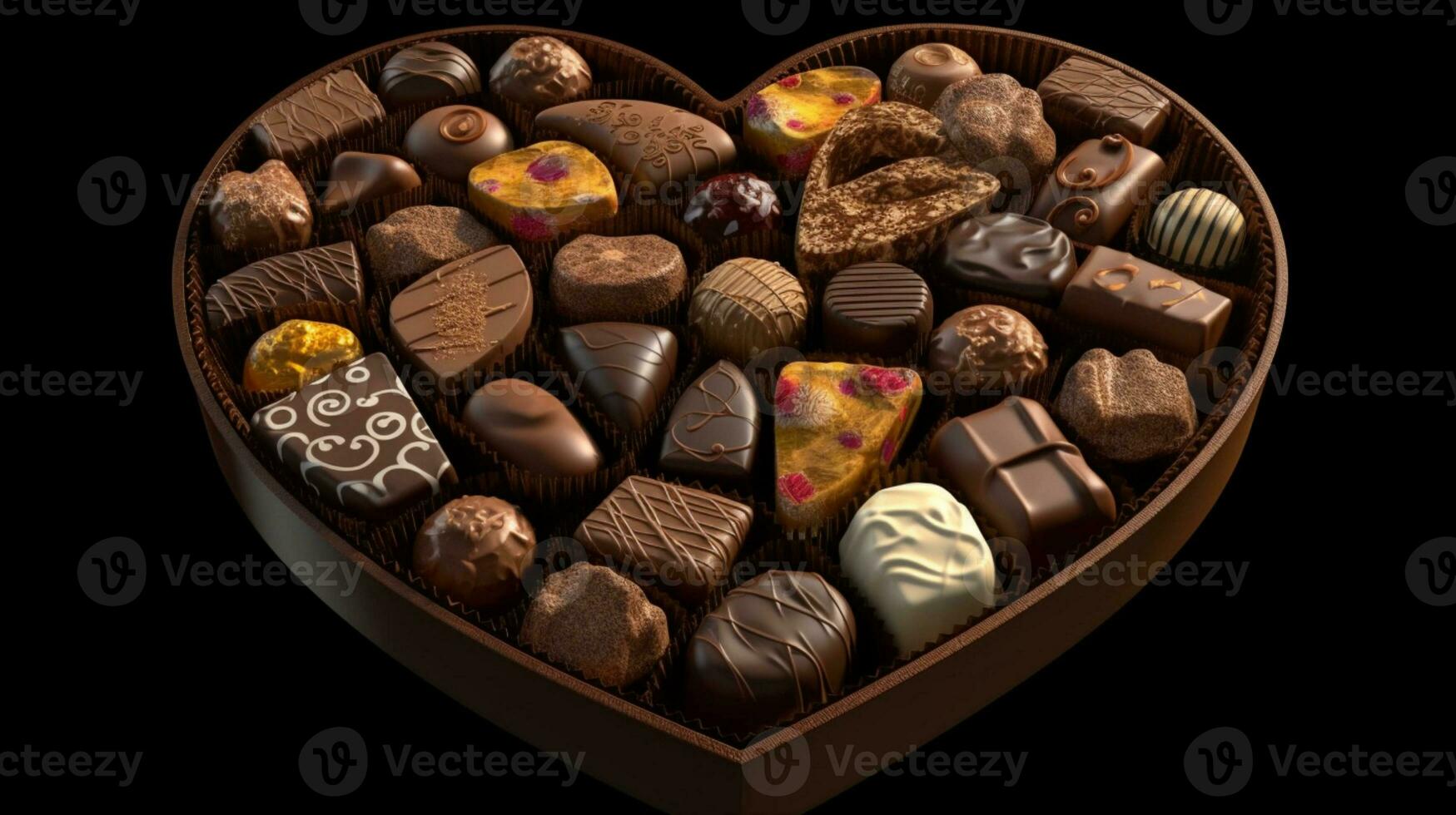 décadent délices, en forme de coeur boîte rempli avec délectable Chocolat des sucreries. ai généré photo