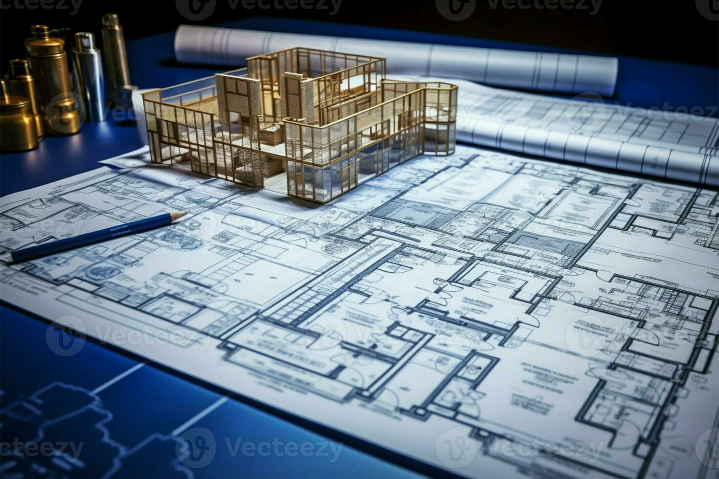 plan organisation roulé architectural des plans soigneusement mis sur tableau, Créatif travail environnement ai généré photo