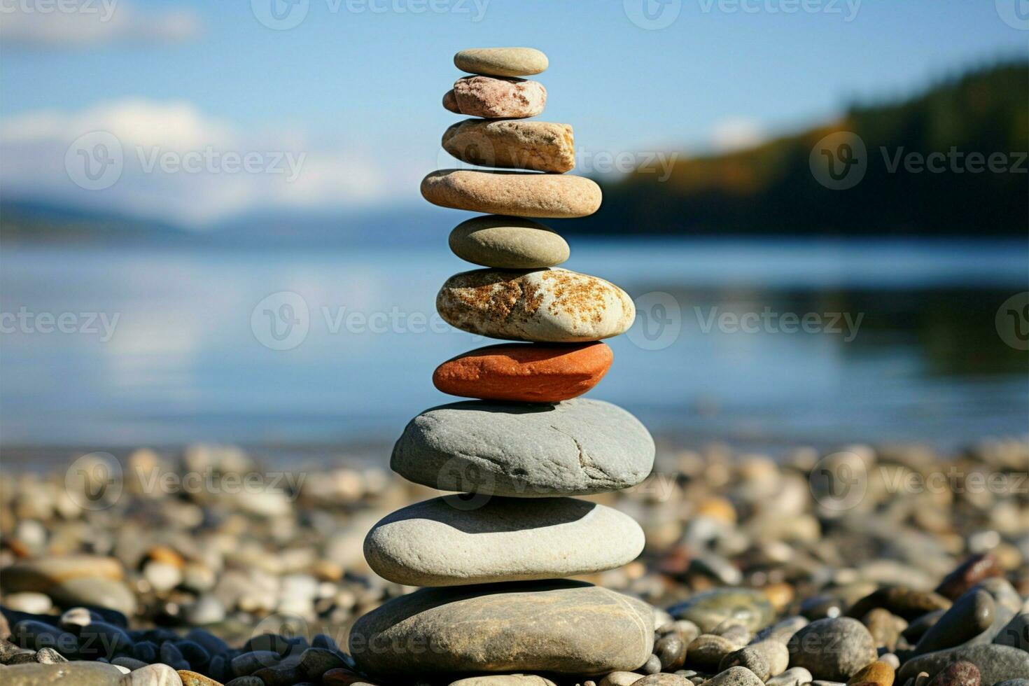 côtier cairn des pierres arrangé dans une bord de mer pyramide, une tranquille et Naturel monument ai généré photo