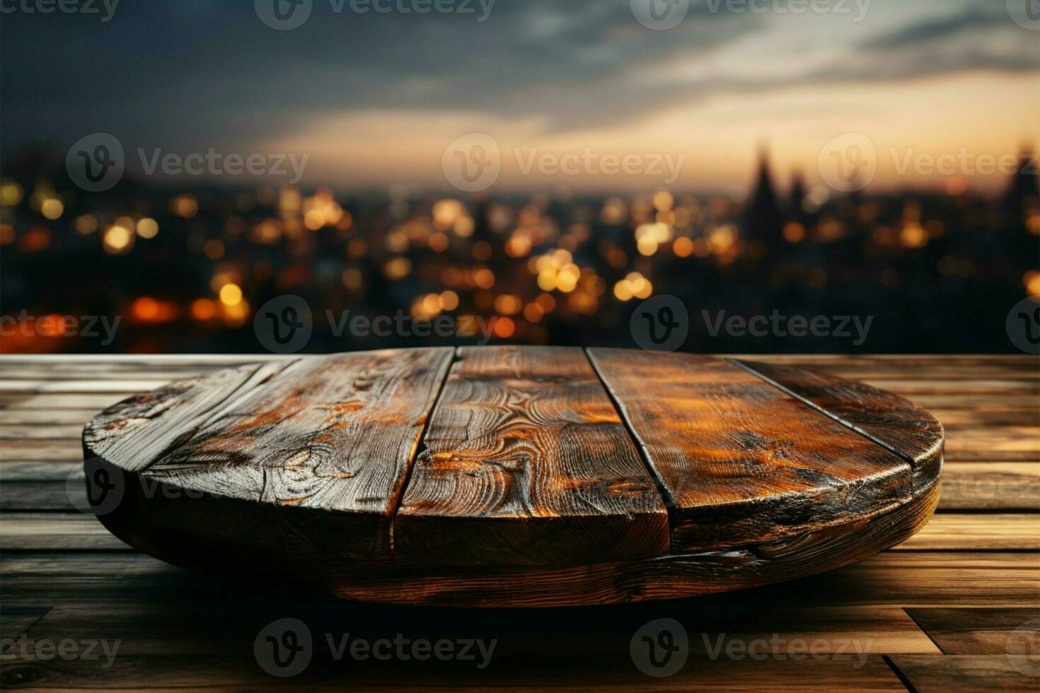 table dans Naturel projecteur vacant en bois Plate-forme prêt pour produit montages en plein air ai généré photo