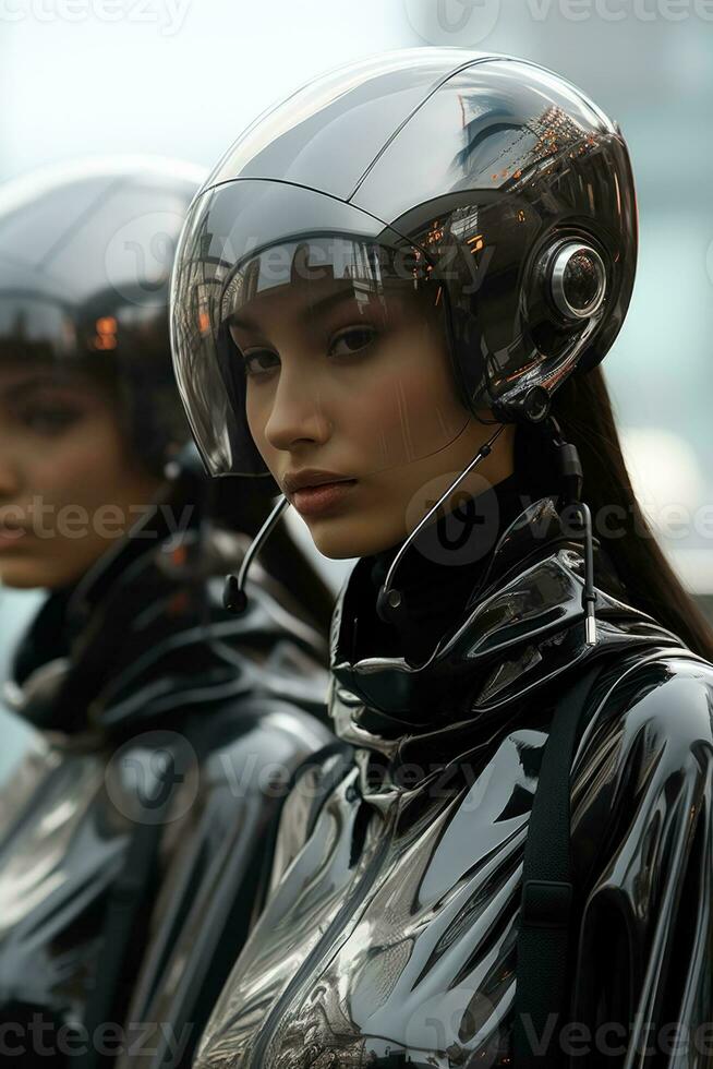 cybernétique femmes habillé dans minimaliste métallique tenue suintant avant-garde futurisme dans une monochromatique réglage photo