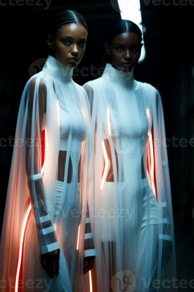 éthéré des modèles habillé dans éclairé par LED tenue incorporant une futuriste minimaliste style contre embrasé arrière-plans photo