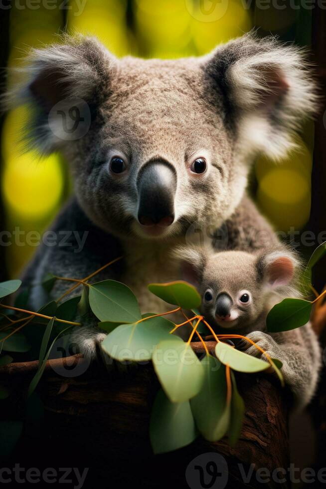 une réconfortant Capturer de une koala mère tendrement partage eucalyptus feuilles avec sa adorable joey au milieu de luxuriant australien les forêts photo