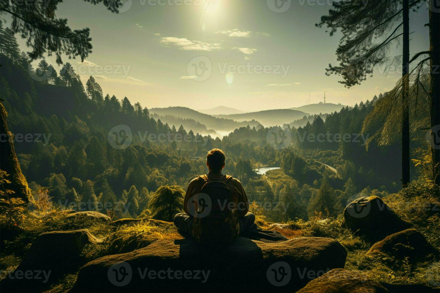 retour vue de assise homme sur chercher, absorbant panoramique forêt paysage ai généré photo