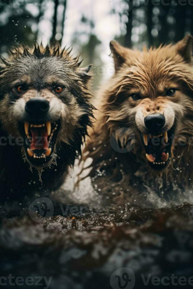 une féroce mise au jeu entre une grondement Loup et une puissant ours capturer le brut intensité de leur agressif interaction photo