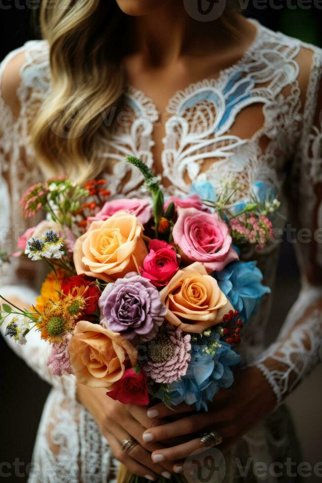 macro coup de une les mariées complexe dentelle robe saisissant sa vibrant coloré mariage bouquet photo