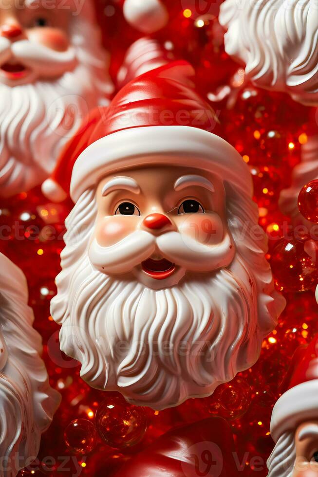 nostalgique Plastique Père Noël claus visage décorations chaleureusement allumé ludique arrangé isolé sur une vibrant rouge à blanc pente Contexte photo