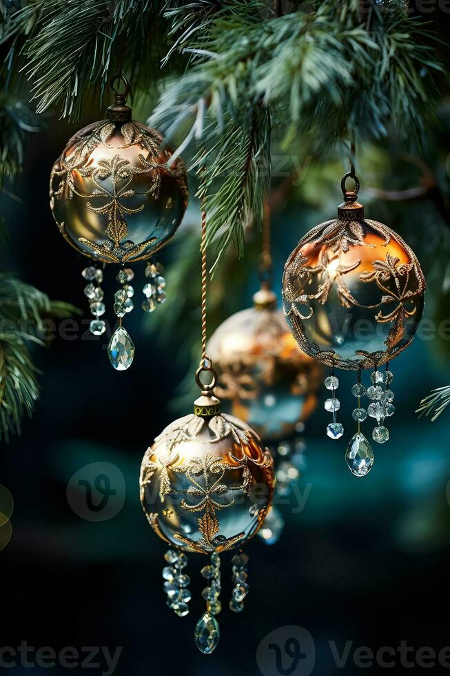 élégant de bonne heure 20e siècle verre ornements chatoyant sur une Noël arbre faire écho une sens de vieilli de fête charme photo