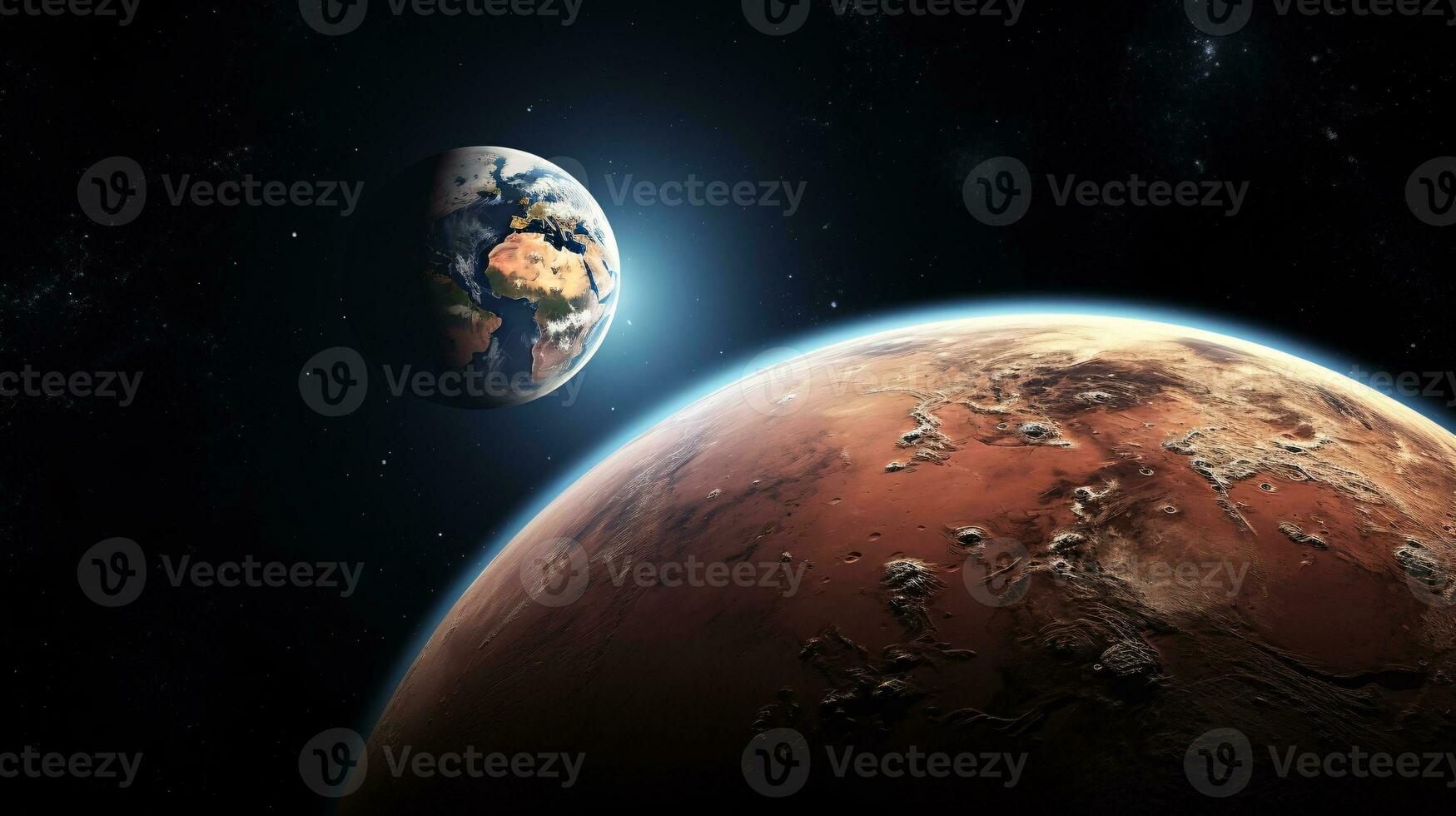 une profond vue de Terre comme vu de Mars magnifiquement encapsulant le immensité de notre cosmique échelle ai génératif photo