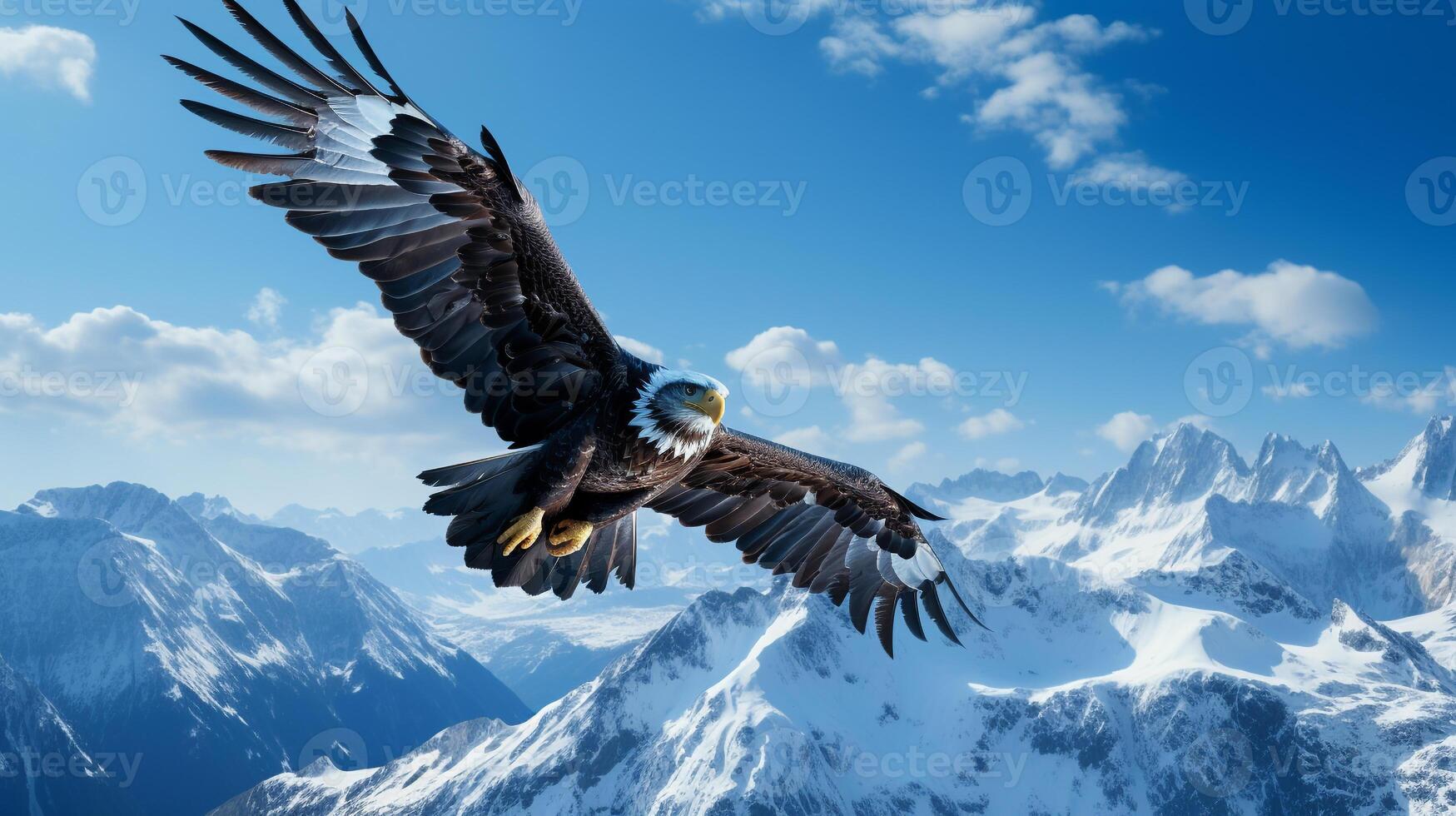 majestueux Aigle planant au dessus une parfait, enneigé Montagne intervalle en dessous de une bleu ciel ai génératif photo