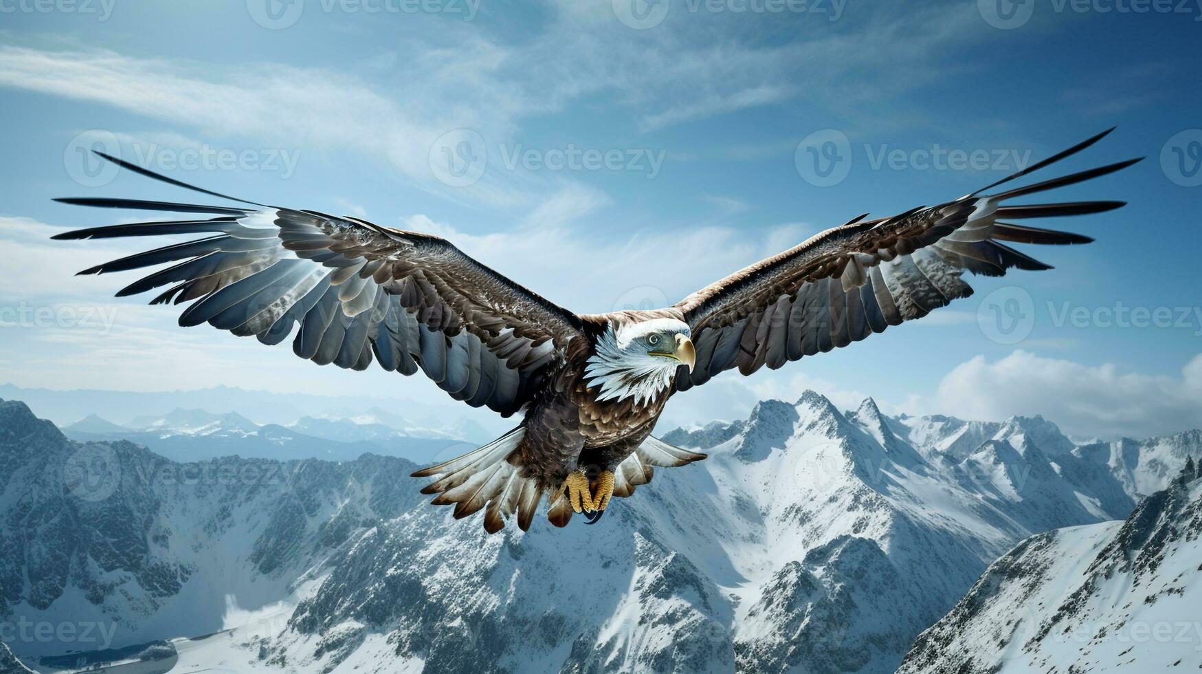 majestueux Aigle planant au dessus une parfait, enneigé Montagne intervalle en dessous de une bleu ciel ai génératif photo