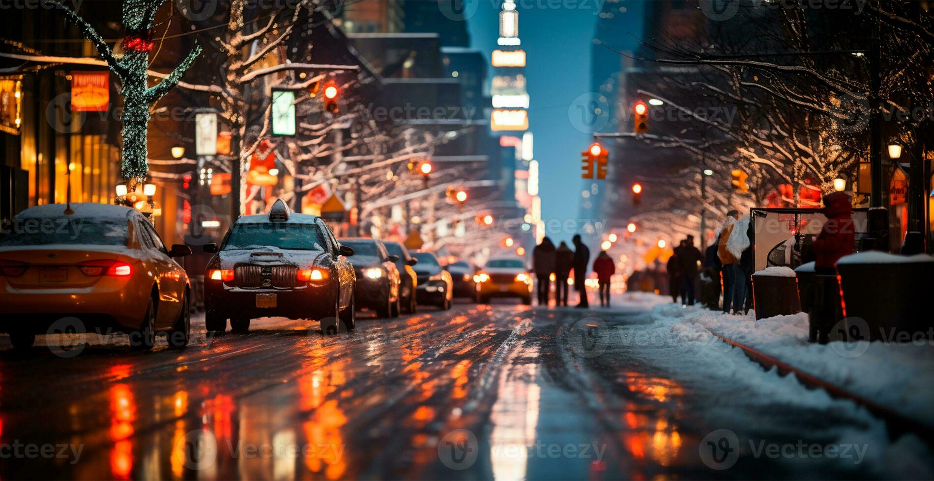 nuit neigeux Noël américain ville Nouveau York, Nouveau année vacances, flou Contexte - ai généré image photo