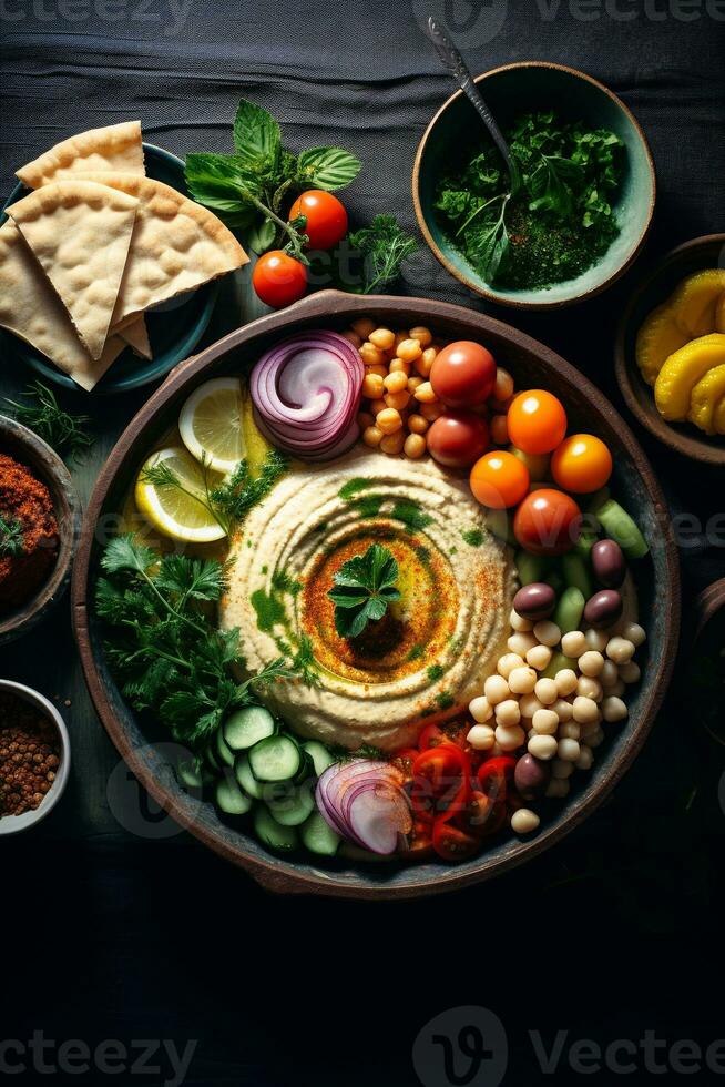 aérien aperçu de une méditerranéen le banquet Hoummous Pita pain et falafel près une thé pot ai génératif photo