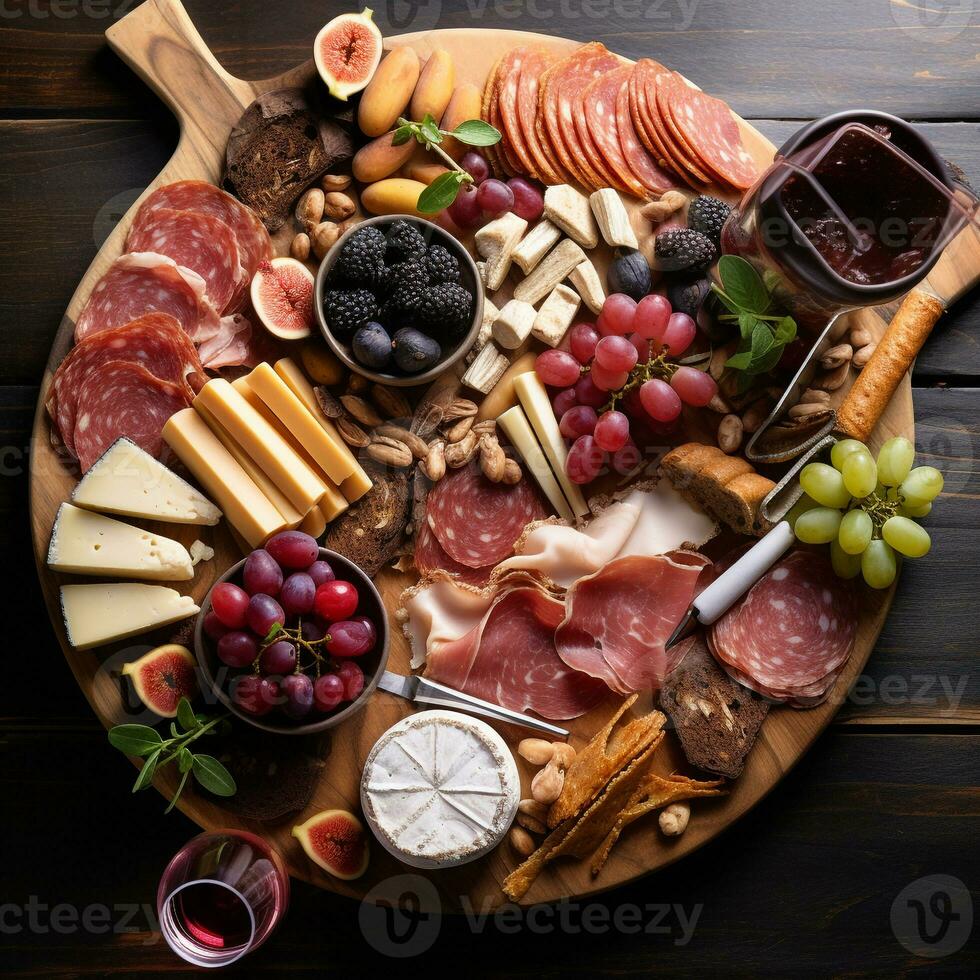 yeux d'oiseau vue de gourmet charcuterie planche avec viandes les fromages des fruits et des noisettes ai génératif photo