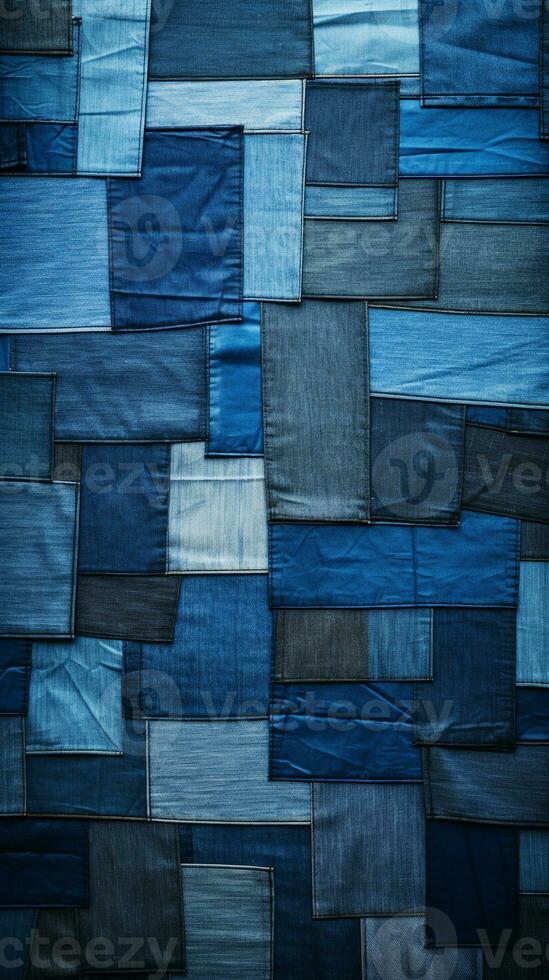 Créatif patchwork de denim textures dans divers nuances de bleu, idéal pour centré sur la jeunesse mode annonces ai génératif photo