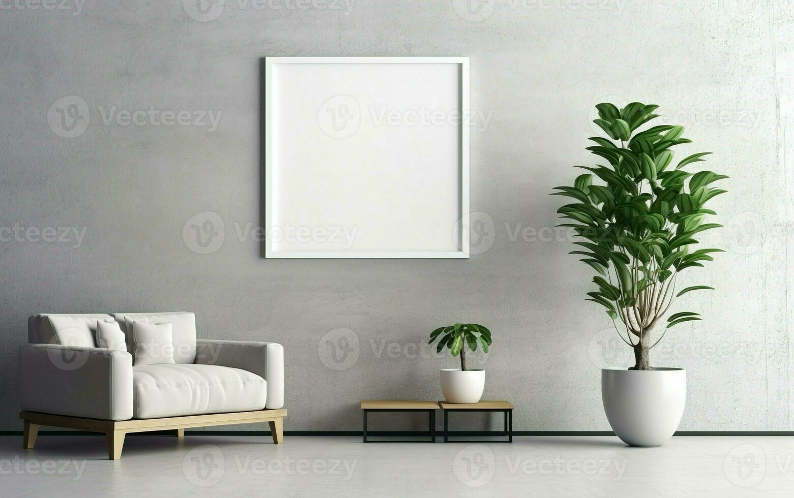 vide Cadre sur le gris mur avec copie espace dans le vivant pièce avec une blanc rétro fauteuil, vert les plantes sur le sol côté, café tableau. ai génératif photo
