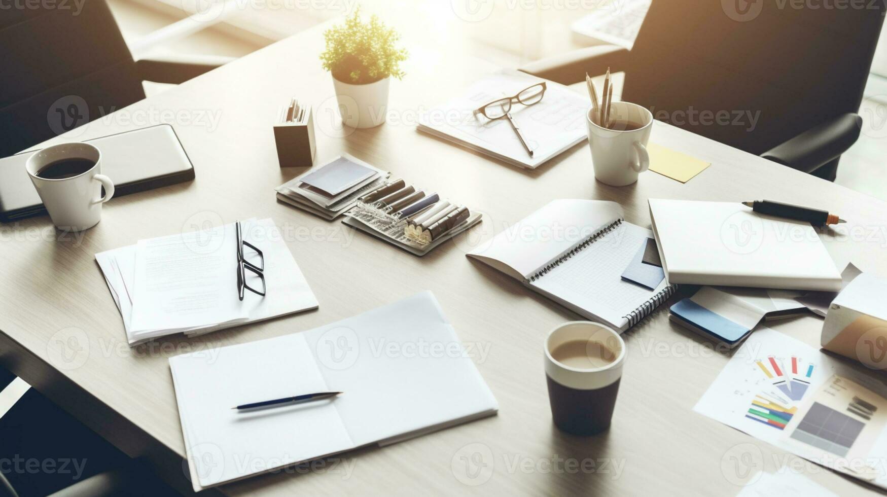 là est une bureau avec une lot de papiers et une tasse de café. génératif ai. photo