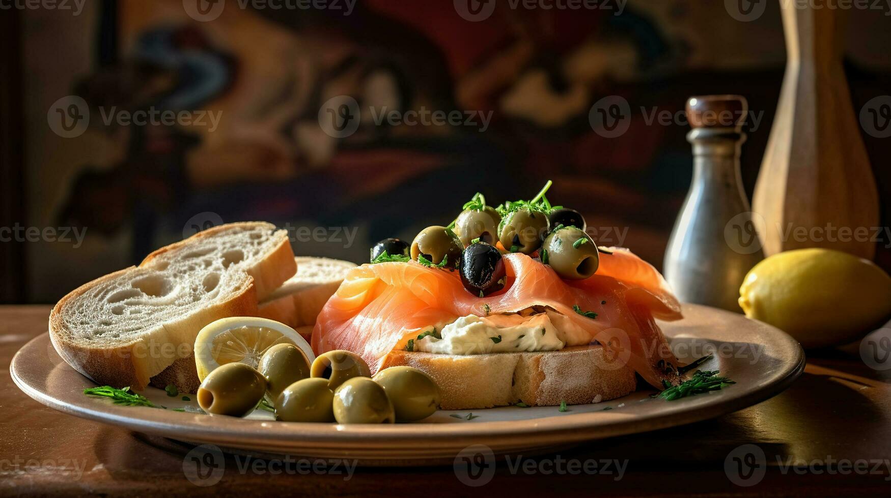 une assiette de nourriture avec pain, Olives, et fumé Saumon sur il avec une coloré mur dans le Contexte de le chambre. génératif ai photo