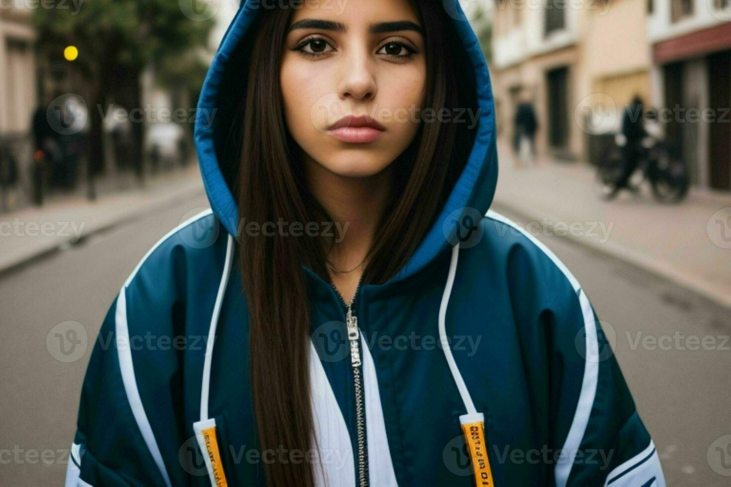 portrait de une femme dans vêtement de rue sur le rue. pro photo