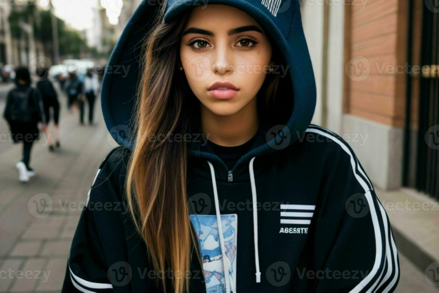 portrait de une femme dans vêtement de rue sur le rue. pro photo