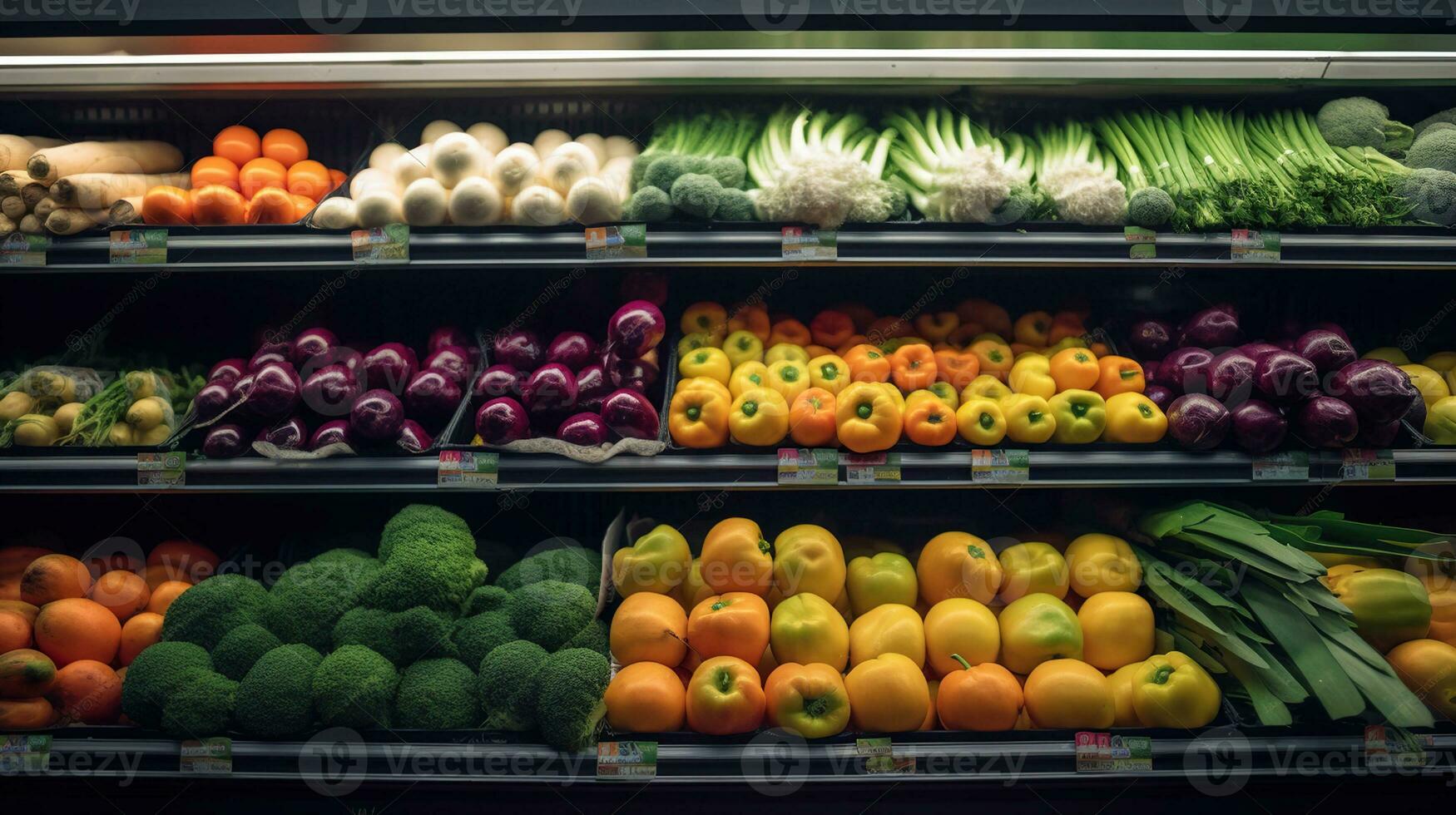 Frais des fruits et des légumes sur le étagère dans le supermarché. génératif ai photo