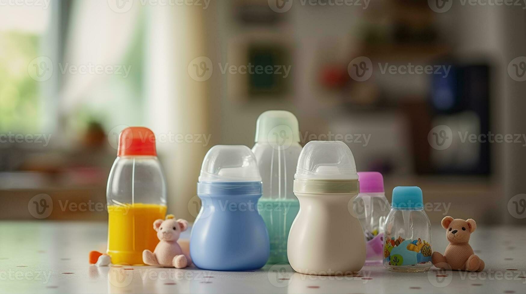 bouteilles de bébé Lait et jouets orner le cuisine tableau. génératif ai photo