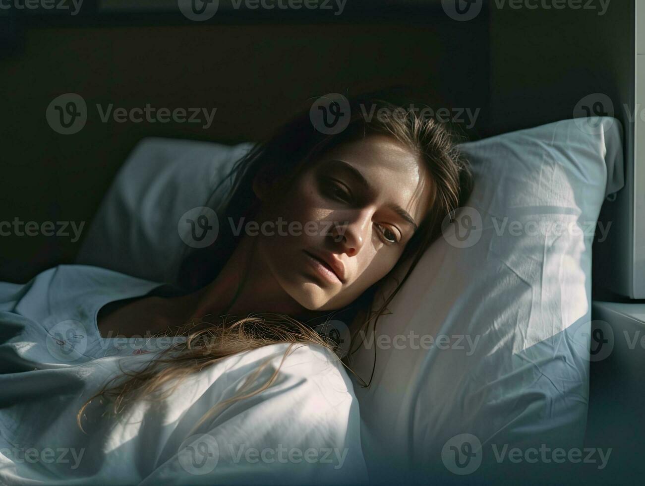 une femme pose dans lit avec sa yeux fermé ai génératif photo
