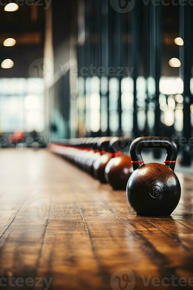 kettlebells et haltères sur Gym sol Contexte avec vide espace pour texte photo