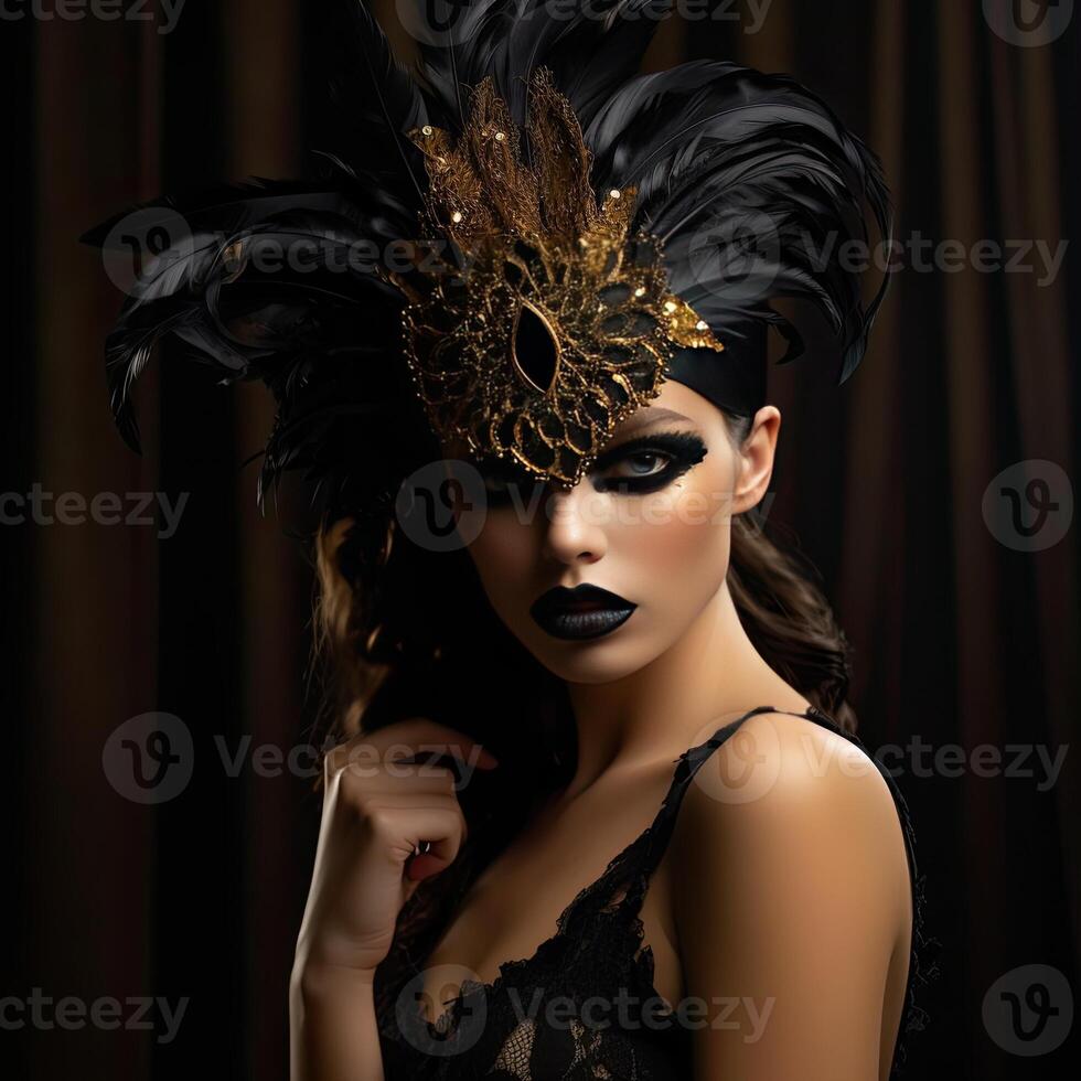 une femme portant noir et or masque avec plumes sur sa tête ai génératif photo