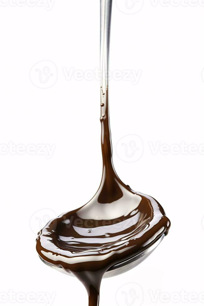 succulent Chocolat sauce égouttage de argent cuillère contre rigide blanc Contexte ai génératif photo