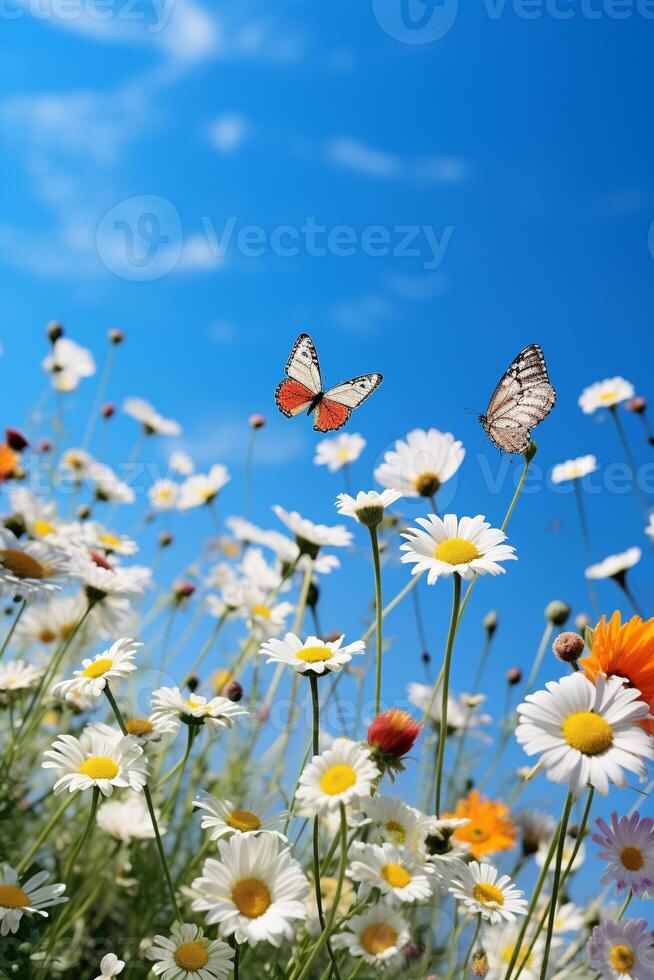 groupe de papillons flottant plus de une Prairie de fleurs sauvages en dessous de une sans nuages bleu ciel ai génératif photo