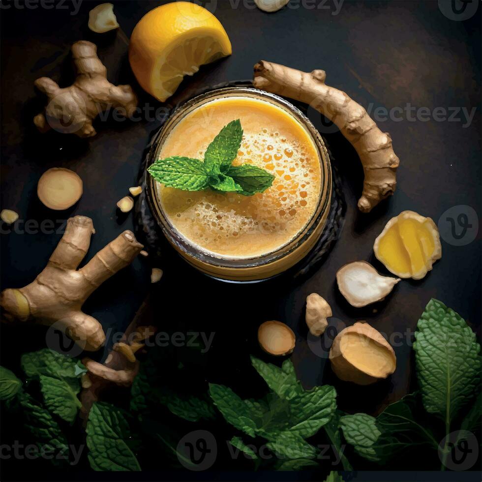 citron et gingembre smoothie dans une verre de une Haut vue photo