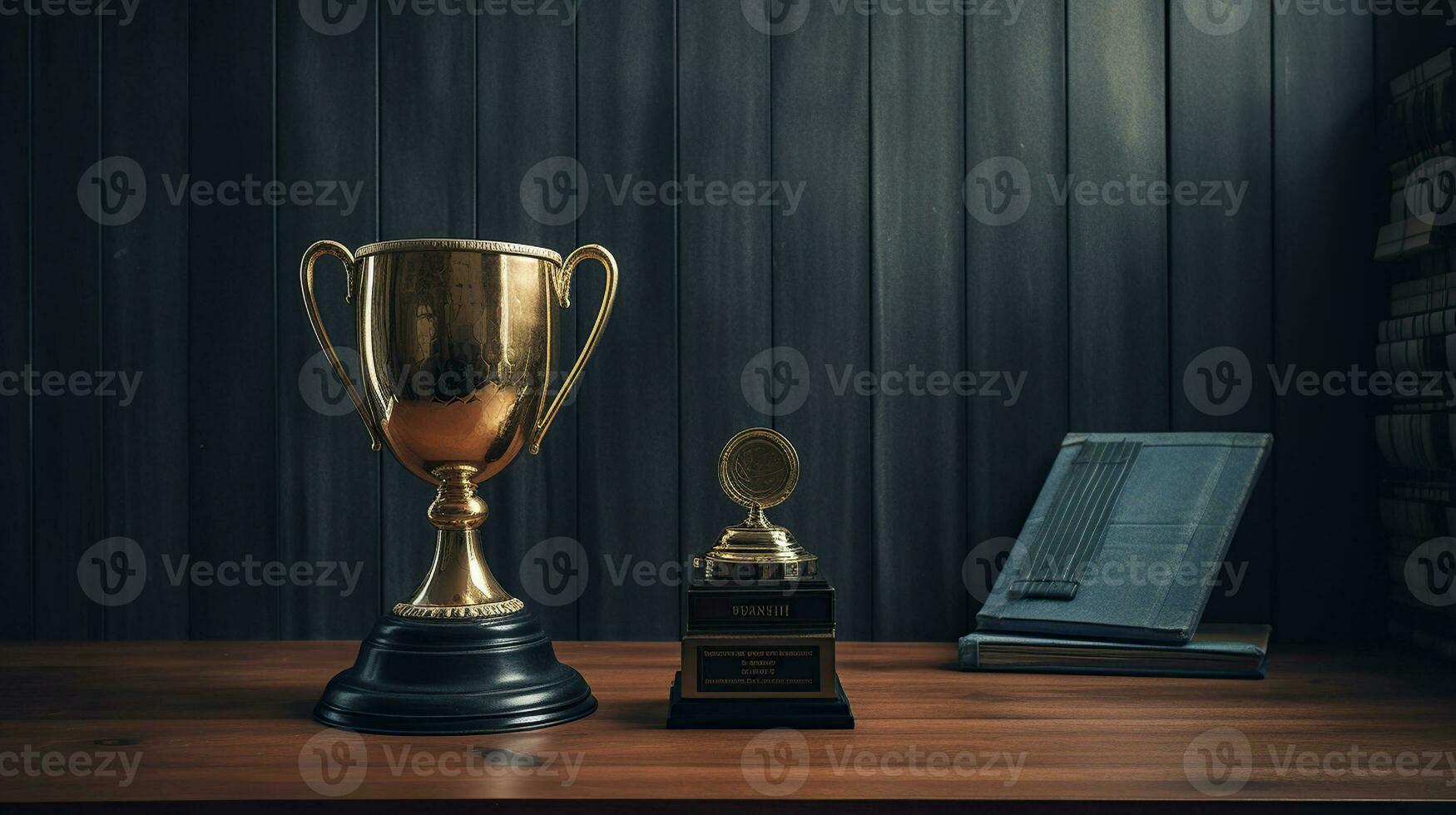 gagnant trophée sur bleu et noir en bois comptoir, dans le style de réaliste contemporain, génératif ai photo