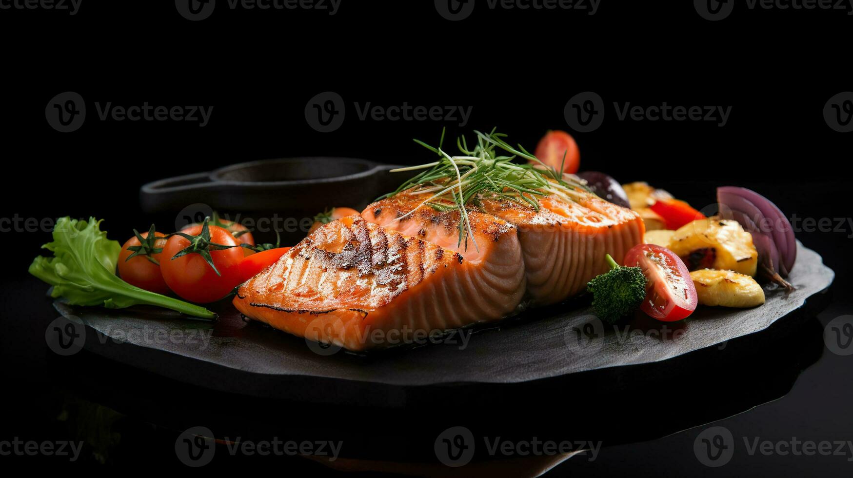 grésillant Saumon plaisir, grillé et servi sur une noir pierre assiette avec Frais des légumes. ai génératif photo