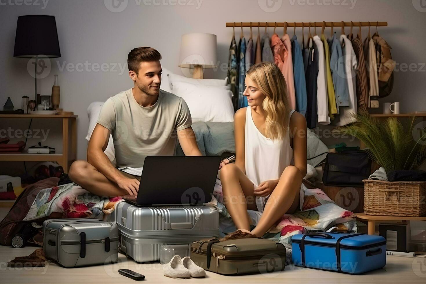 content couple préparer des choses dans bagages pour vacances voyage à maison. Jeune femme et homme Planification Voyage avec ordinateur, Voyage concept. génératif ai photo