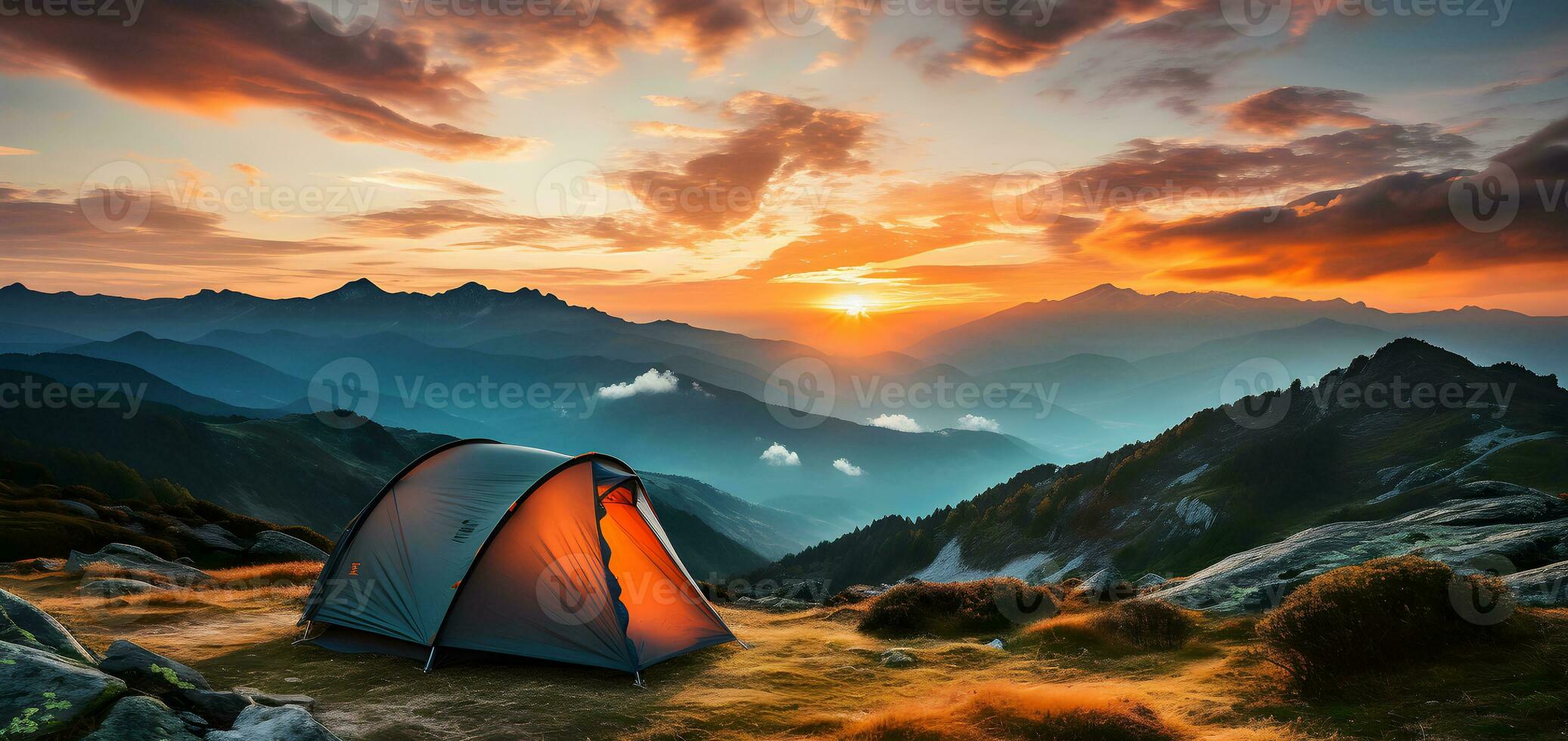 aventures camping touristique et tente en dessous de le impressionnant Montagne paysage spectaculaire vue avec tente de voyageur sur forêt. ai génératif photo