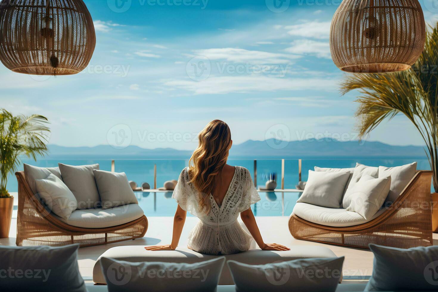 arrière vue de voyageur femme relaxant se prélasser sur canapé dans luxe Hôtel. femelle profiter sur Extérieur patio canapé. été, vacances, se détendre et mode de vie concept. génératif ai, illustration photo