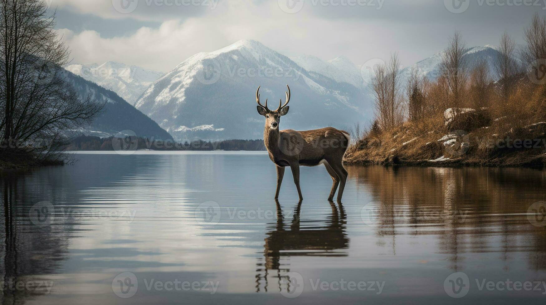 cerf silhouette et ramure réflexion à bord du lac avec neigeux pics. génératif ai photo
