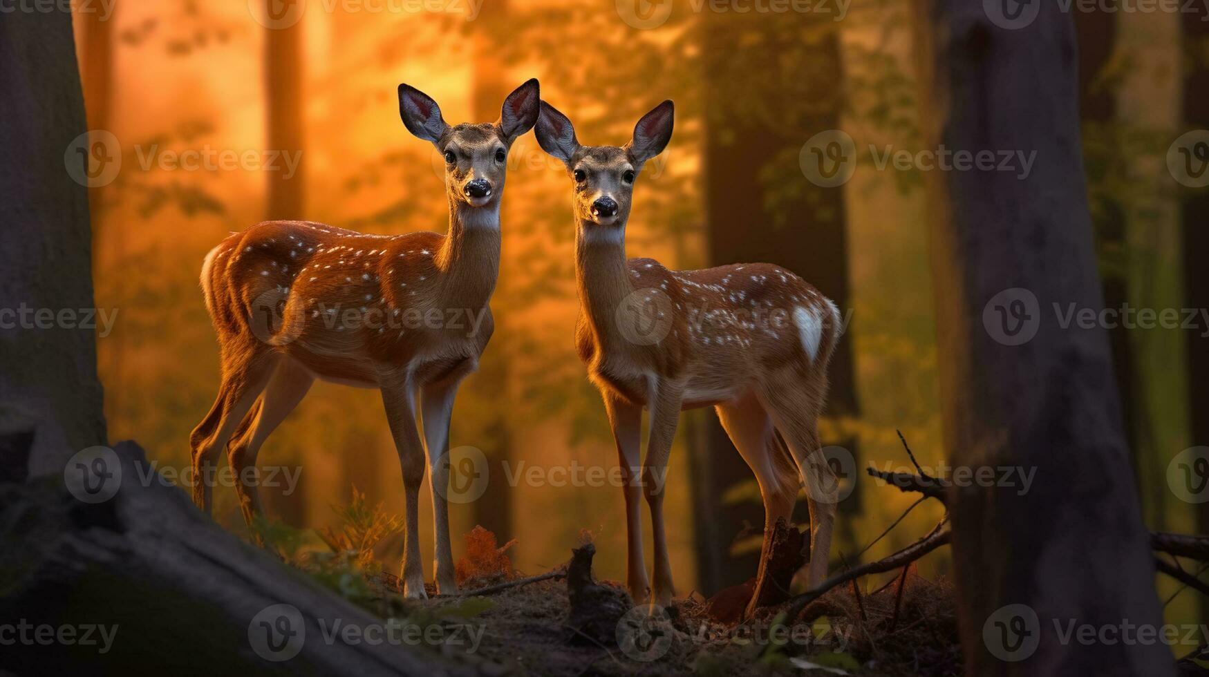 sérénité à le coucher du soleil - majestueux cerf et biche dans le les bois, génératif ai photo