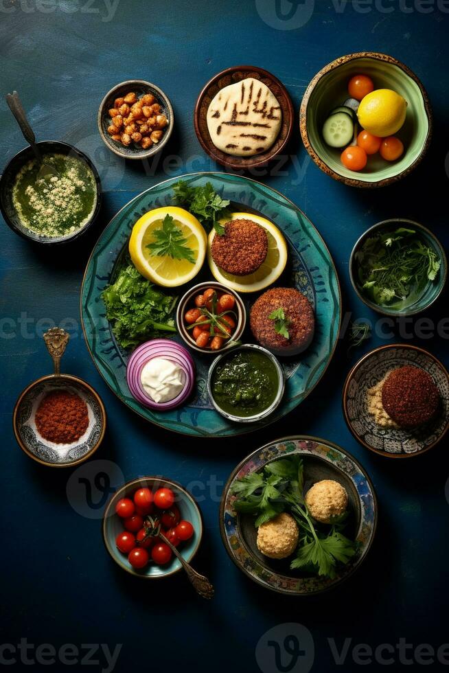 aérien aperçu de une méditerranéen le banquet Hoummous Pita pain et falafel près une thé pot ai génératif photo