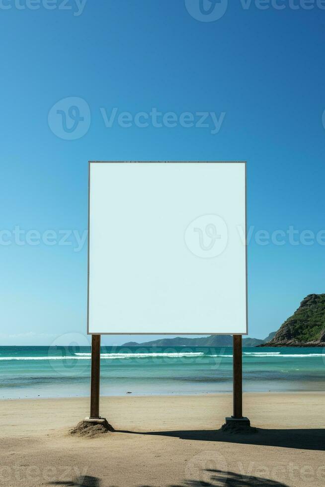 frappant image de une Vide panneau d'affichage Cadre sur une désolé plage, interminable La publicité possibilités ai génératif photo