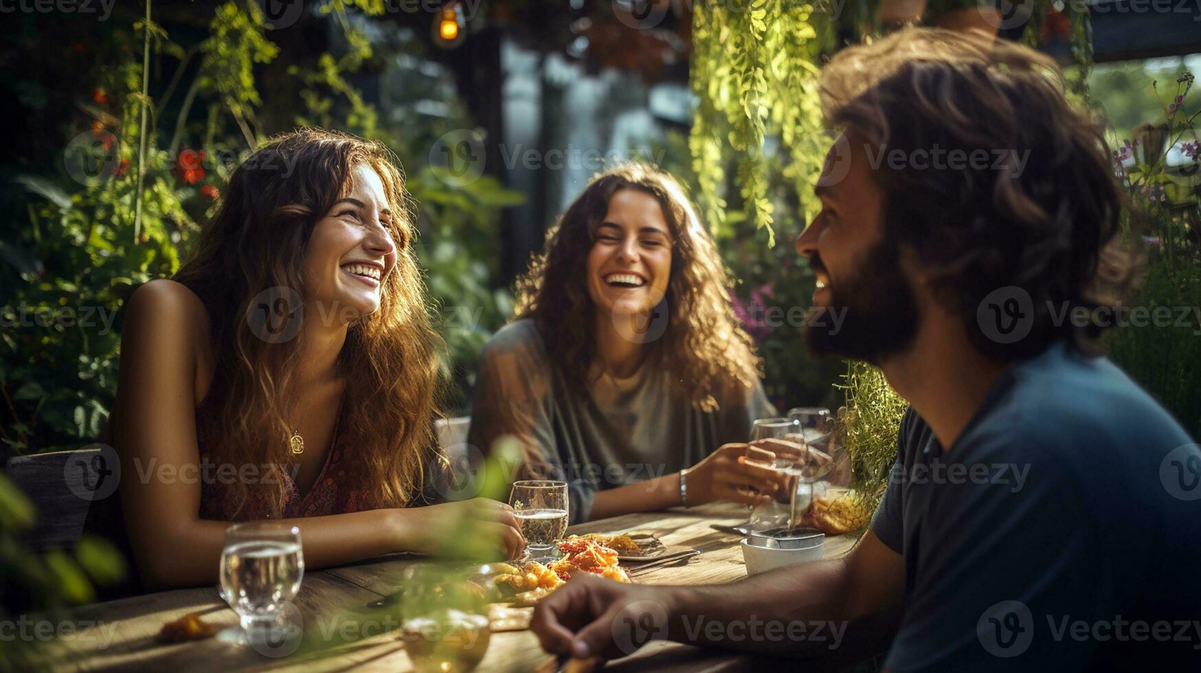 groupe de copains en riant et profiter dîner à Extérieur restaurant pendant été. génératif ai photo