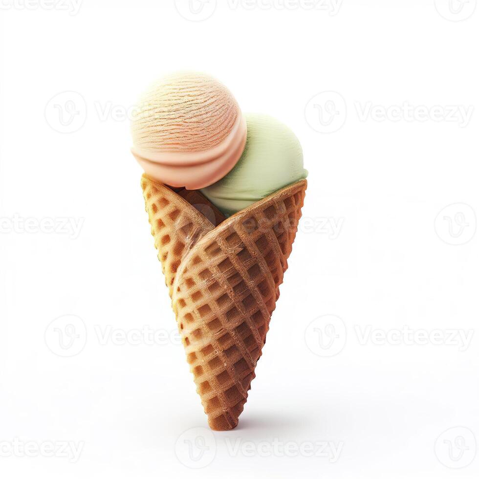 réaliste gaufre crème glacée cône avec sorbet sur blanc Contexte avec copie espace. congelé dessert pour les enfants et adultes. ai génératif photo